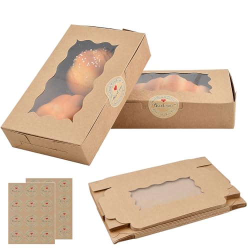 DEARBAG Caja para Galletas, Paquete de 20, Caja para Postres, Color Papel Kraft, 17,8 x 11 x 3,9 cm, con Ventana Transparente y Adhesivo de Sellado, Adecuada para Pasteles, Galletas, Postres