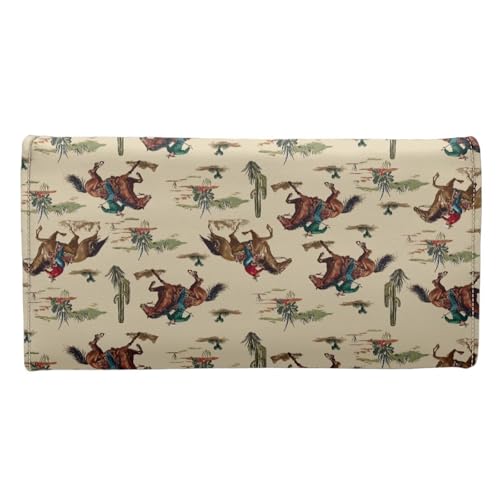 Image of AFPANQZ Horse Cactus Print Women's PU Leather Three Fold Wallet, Long Trifold Clutch Purse, Credit Card Money Organizer with ID Window