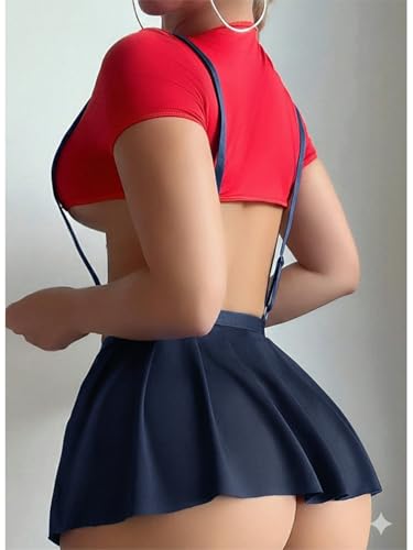 Image of Women's Sexy Schoolgirl Cosplay Babydoll - Red Crop Top & Black, Navy & Royal Pleated Suspender Skirt - Cute Roleplay Babydoll Outfit