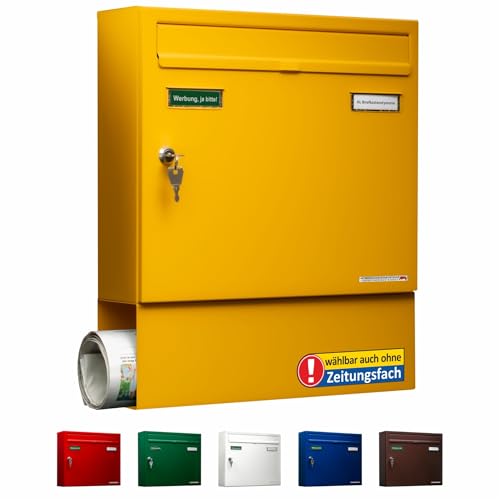 AL Briefkasten Systeme Basic 1er Briefkasten mit Zeitungsfach in RAL 1003 Signal Gelb 1 Fach DIN A4 Postkasten wetterfest wasserdicht Briefkastenanlage mit Posthaltebügel und 2 Namensschildern