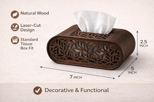 Image of Elegant Light Wooden Tissue Box Holder with Floral Laser-Cut Design - Premium Decorative Tissue Case for Home, Office & Tabletop Use (Standard Size Fit, Natural Finish)