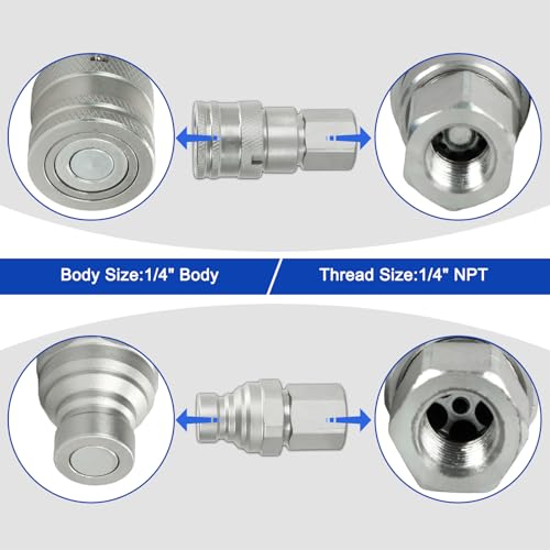 Image of 1 /4 inch Body & 1 /4 inch NPT Hydraulic Quick Connect Fittings Thread Set - Flat Face Hydraulic Couplers with Dust Caps, High Flow Skid Steer ISO 16028 Hydraulic Fittings