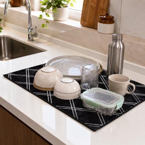 Image of Cutting EDGE Microfiber Dish Drying Mat - Water Absorbent & Reversible for Kitchen Utensils, Counter Top, Sink (Pack of 2, 50CM X 38CM - Black)