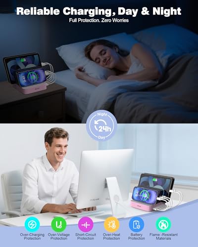 Image of MSTJRY Charging Station for Multiple Devices : 5 Port Multi USB-A Charger Stations Multi-Device Organizer Charging Dock Designed for iPhone iPad Cell Phone Tablets (7 Short Cables Included), Pink