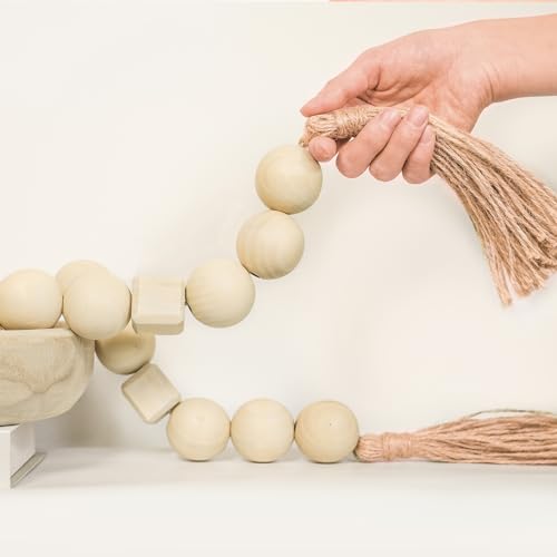Image of RUIRUICO Large Wood Bead Garland with 1.6" Diameter Round and Square Wooden Beads, 41" Long Wooden Beads Garland with Tassels, Decorative Beads for Boho, Farmhouse Decor (Natural)