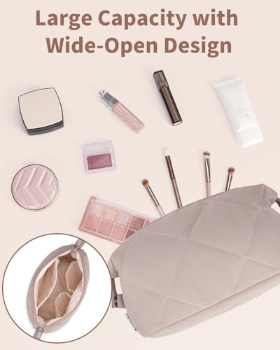Ceneda Puffy Padded Makeup Bag Travel Toiletry Bag Quilted Makeup Pouch Organizer Bag Cosmetic Bag for Women (Beige)2