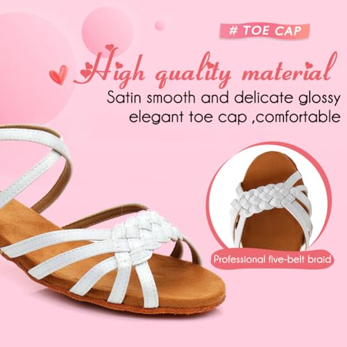 YKXLM Girls Latin Dance Shoes Kids Low Heels Tango Salsa Ballroom Practice Dance Shoes, 1208,White, 4.5 M Little Kid2