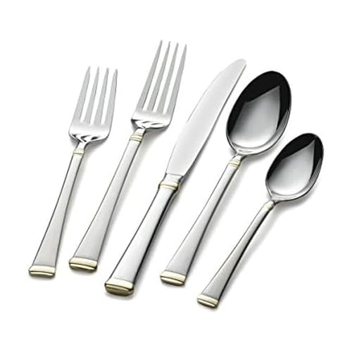 Image of Mikasa Harmony 65-Piece Flatware Set for 12, 18 /10 Stainless Steel Silverware with Gold Accent Handles, Service for 12 with Serving Utensils, Dishwasher Safe