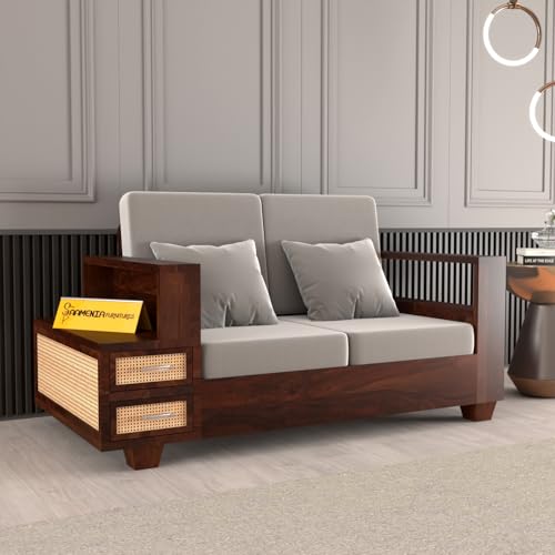 Image of Sheesham Wood 2 Seater Sofa | 2 Seater Sofa with 2 Drawer Storage | Wooden Sofa Set Furniture for Living Room Home Office (Natural Cane,Walnut Finish)