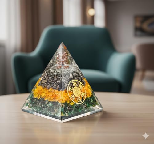 Image of Money Magnet Pyrite Pyramid for Home & Office | Pyrite Citrine Green Aventurine Vastu Pyramid with Zibu Symbol | Wealth Attraction Financial Growth Business Success & Positive Energy Decor