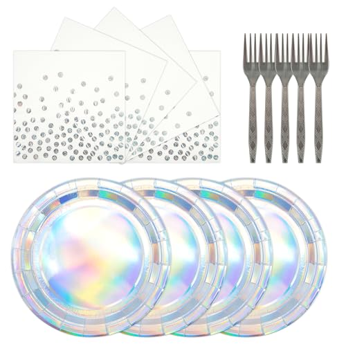 Xjoviative 72Pcs Iridescent Silver Plates and Napkins Party Supplies Holographic Disposable Paper Plates Napkins with Forks Tableware Set for Mermaid Birthday Wedding Iridescent Party Decorations