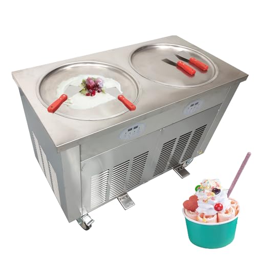 TECHTONGDA 17.7in Fried Ice Cream Roll Machine 110V Stainless Steel Ice Roll Maker, Frozen Yogurt Roll Ice Cream Machine with Foot Pedal Defrost and 4 Spatulas, Double Round Pans