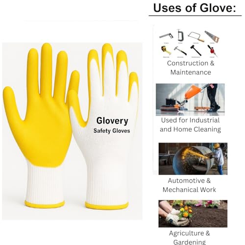Image of Nylon Safety Work Gloves with Nitrile Coating - Industrial-Grade Protection for Cleaning, Warehouse, Mechanics, Construction - Durable, Flexible, Non-Slip Grip (White & Yellow, 10 Pair)