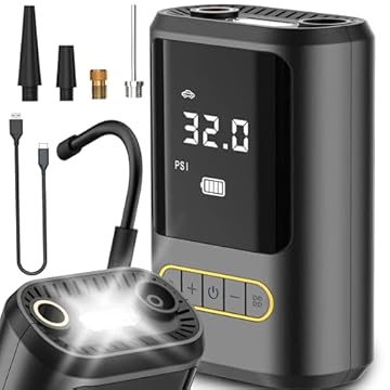 Retoo Pompa ad aria elettrica 150 PSI Compressore per bicicletta, pompa per pneumatici, compressore d'aria portatile, per auto, moto, bicicletta, palloni da e-bike, luce a LED, power bank 4000 mAh,