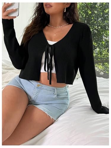 Image of Floerns Women's Tie Front Long Sleeve Rib Knit Shrug Sweaters Cardigan Crop Top Black 2XL