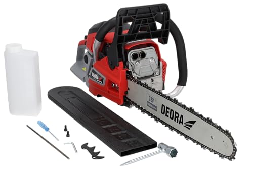 DEDRA DED8718 Tronçonneuse à essence 2,4 kW 58 cm³, rail de guidage 18 45 cm, monocylindre à deux temps, refroidi par air, vitesse de chaîne 25 m/s, pour une performance élevée et une coupe uniforme