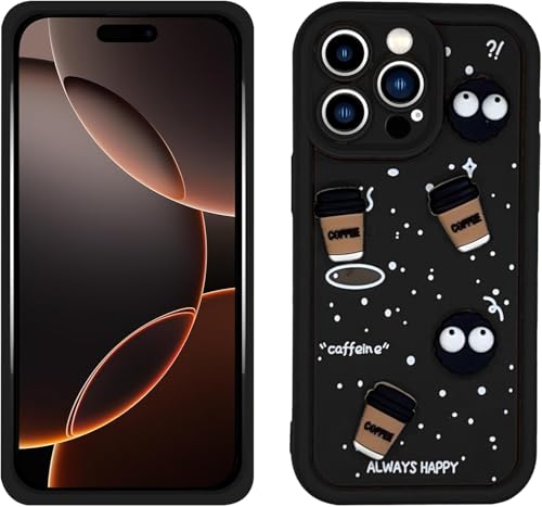 Image of GoldKart Back Case Cover Compatible for iPhone 16 Pro Max | Cute Fun Cartoon 3D Ball Coffee Silicone Case | Full Body Protection Back Cover for iPhone 16 Pro Max - Black