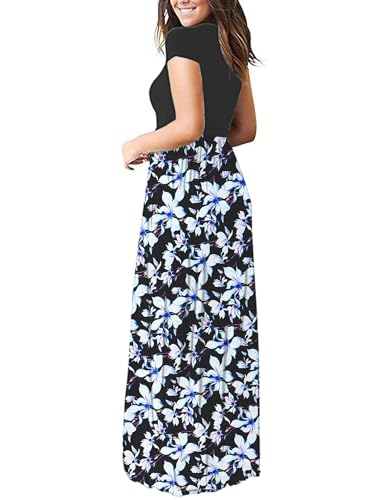 Image of AUSELILY Women's Summer Short Sleeve Loose Plain Casual Long Maxi Dresses | Year Round wear solid floral print, Casual wear, Empire waist, Floor length, Side pockets