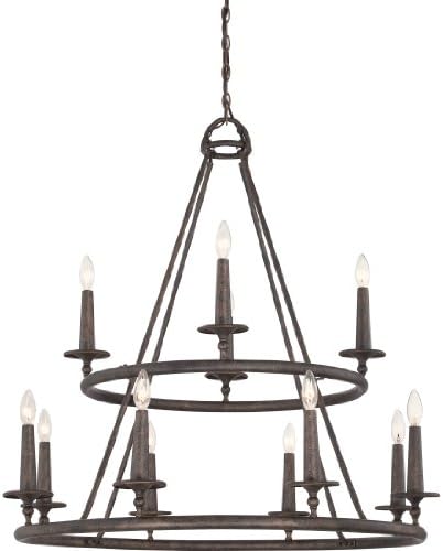 Quoizel Voyager 12-Light Tiered Chandelier, 52" H x 48" W Malaga Chandelier with Metal Scrollwork, 60W Bulbs, Max Adjustable Height 132", Hanging Light for Kitchen, Dining, Living Room, or Foyer