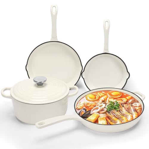 Comparison: Best Cast Iron Non Stick Cookware Set 9 Nonstick Enameled Cast Iron Cookware Set- 3 Frying Pan and 1Piece Pots with Lid, Skillet, Heavy Duty Cookware, Dutch Oven Set for All Stovetops, Ideal for Sourdough Bread Baking,Cream White