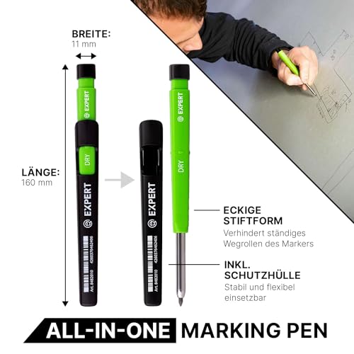 EXPERT DRY All-in-One Markierstift mit 2x Graphit-Minen-Sets | Nachfüllbarer Tieflochmarker mit Graphit-Set | Vielseitig auf Holz, Glas, Metall | Zimmermannsbleistift mit Minenautomatik
