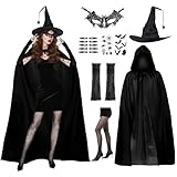Disfraz Bruja Mujer, Disfraz Bruja Mujer Halloween, 175cm, Accesorios DIsfraz BRuja, con Sombrero/Medias de Rejilla/Máscara de Encaje, Accesorios de Capa para Juego de rol de Halloween/Carnaval
