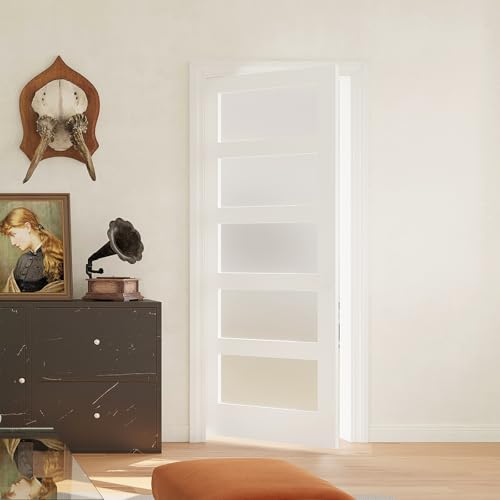 Image of 36 inch x 80 inch French Interior Door, 5 Lite Tempered Frosted Glass Panel for Pantry & Bedroom, Single Pre-drilled Holes Slab Door, White Primed, Assembly Required (Hinges Not Included)