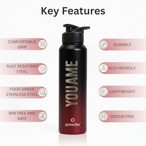 Image of Speedex Customised Stainless Steel Water Bottle 1 Ltr with Name - Personalised Engraved Sipper Cap Bottle for Kids, Men & Women, School, Gym, Office Black Wine, Set of 1