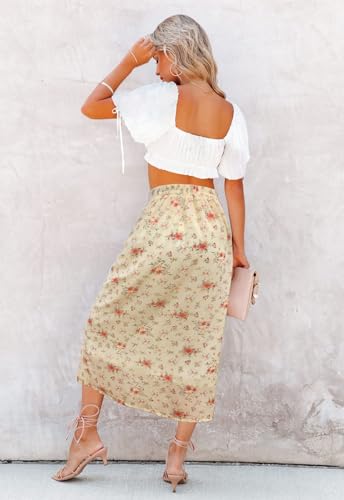 Image of HERBATOMIA Women's Floral Print Midi Skirt Casual High Elastic Waist Zipper Vintage Long Boho Skirts for Women