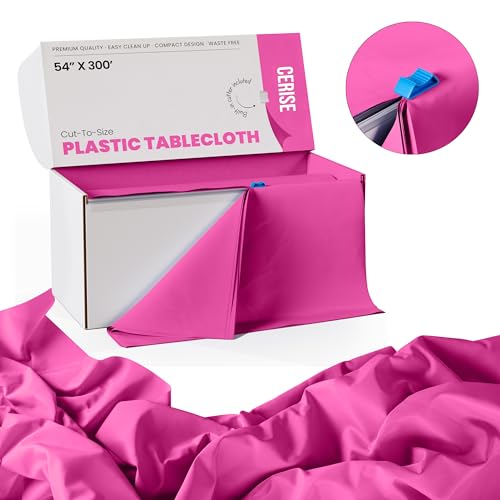 Image of Exquisite Party Solids 54 Inch X 300 Feet Cerise Plastic Table Cover Roll in A Cut - to - Size Box with Convenient Slide Cutter. Cuts Up to 36 Rectangle 8 Feet Plastic Disposable Tablecloths