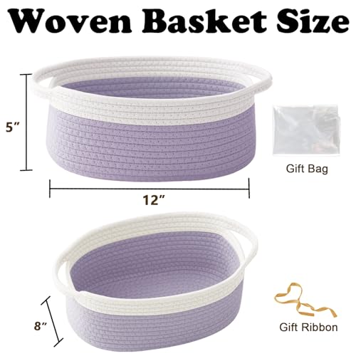 Image of Woven Rope Basket-Baby Gift Basket with Bag & Ribbon, White&Purple
