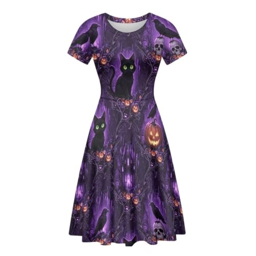 Image of POLERO Women Puffy Swing Elegant Party Midi Dresses Short Sleeve Round Neck A-Line Dress
