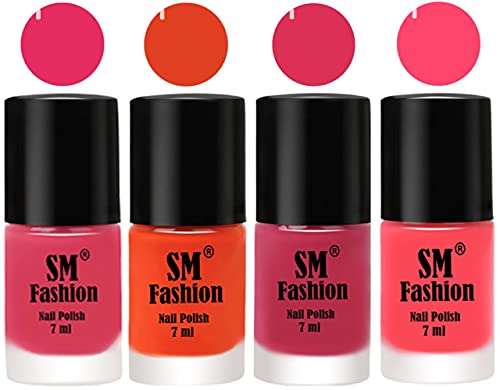 Image of Nail Polish Combo Set (Pack of 4) Quick Dry Gel Finish Nail Paint | Dark Rose Pink,Reddish Orange ,Dusty Pink,Pink | 7 ml Each