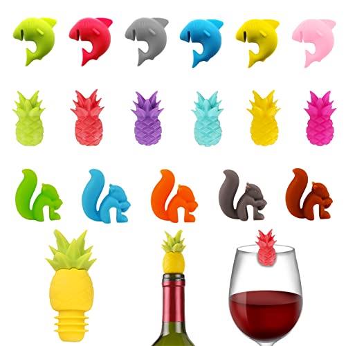 17 Piezas Marcadores Vidrio Silicona, Marcadores Bebidas, con Tapón Vino, para Fiestas, Bares, Reuniones Familiares (3 Formas)