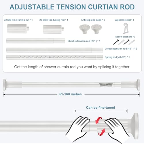 ZOCONE Long Tension Curtain Rod No Drilling, Adjustable 51-168 Inch, White | 1.26 Diameter Heavy Duty Tension Rod, Rust-Proof, Tool-Free, Renter Friendly for Bathroom Window Room Divider Outdoor Patio