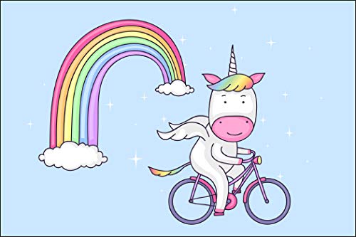 Muralo Papel pintado fotográfico para habitación infantil, 60 x 90 cm, no tejido, con unicornio, bicicleta, arco iris, mundo infantil, juvenil, moderno XXL