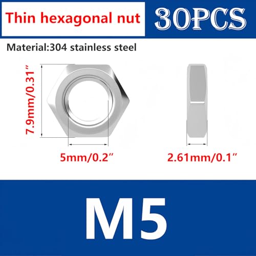Ctyjia 30 PCS Hex Thin Nuts M5 Locking Nut, 304 Stainless Steel Hex Nuts, for Lndustrial Construction Fasteners - Image 2