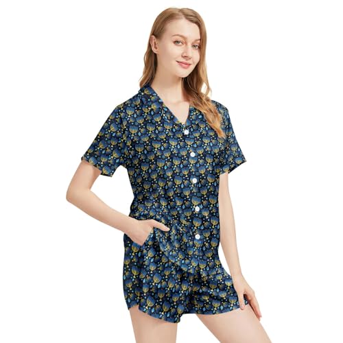 Image of Funny Satin Pajamas Set for Women Button Down Sleepwear Print Pjs Set 2 Piece Short Sleeve Loungewear Gift for Women