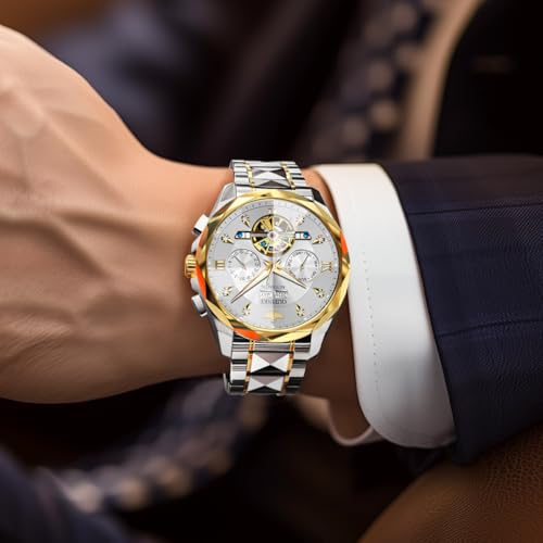 Image of OUPINKE Watch for Men Skeleton Self Winding Mechanical Automatic Luxury Dress Black Wrist Watch Waterproof Luminous Tungsten Sapphire Crystal