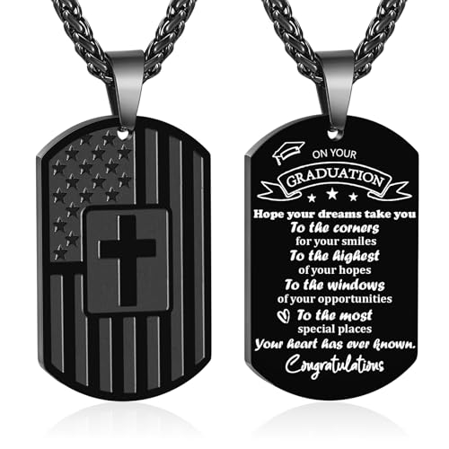 Zocomi 2026 Graduation Necklace Gifts for Boys Men Dog Tag Cross America Flag Army Pendant Chain Graduate Jewelry Kids Teen Teenage Him Son Male Grandson High School College Graduation Present Black