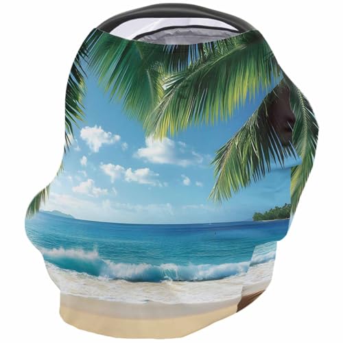 Blue Beige Coastal Beach Nursing Cover for Breastfeeding Scarf, Summer Sky Palm Tree Scenery Baby Car Covers Super Soft Multi Use for Canopy Shopping Cart Cover Blanket Stroller Cover