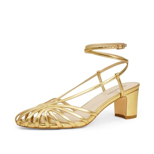 Modatope Womens Sandals Closed Toe Strappy Ankle Strap Mid Heel Sandals Gold Heels for Women Size 9 - Main Image