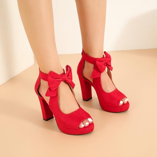 Image of fereshte Women's Bow Chunky Heel Sandals, Platform High Heel, Peep Toe, 3.94 Inch Block Heel