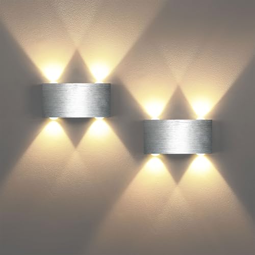 Lightsjoy 2er LED Wandleuchte Innen Silber Wandlampen Innen Modern Up and Down Wandlicht Aluminium Wand Belechtung Flurlampe Flur für Schlafzimmer Korridor Wohnzimmer Treppe usw Warmweiss