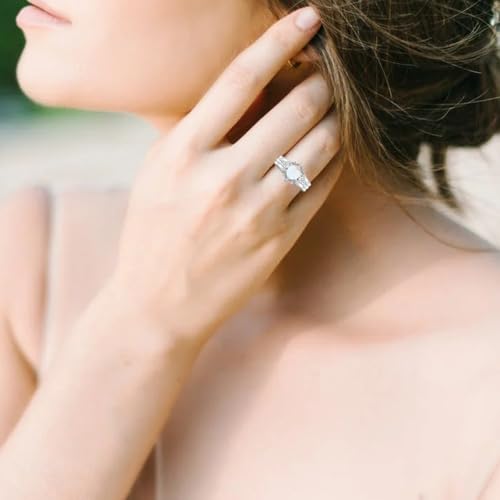 White Opal with Moissanite or Diamond Engagement Ring Set 925 Sterling Silver Created Opal Wedding Bridal Ring Set for Women Size 5-182