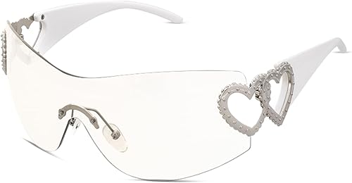 Y2K - Gafas de sol envolventes sin montura con escudo de moda de corazón plateado de los años 2000, lentes de sol sin marco para mujeres y hombres