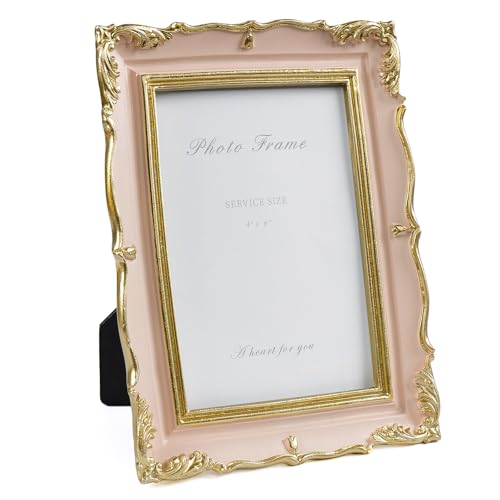 4x6 Vintage Picture Frame Pink and Gold Photo Frame, 4 by 6 Picture Frames Ornate Textured Hand-Crafted Resin with Glass Front for Tabletop Display, Retro Design Home Decor