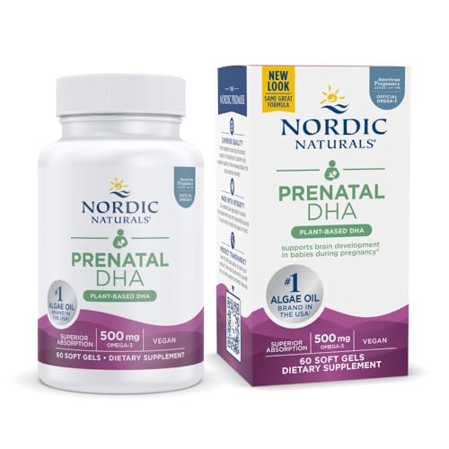 Vitamínicos, Nordic Naturals Vegan Prenatal DHA, Unflavored - 500 mg Plant-Based DHA - 60 Soft Gels - Supports Brain Development in Babies & Healthy Pregnancy - Non-GMO - 30...