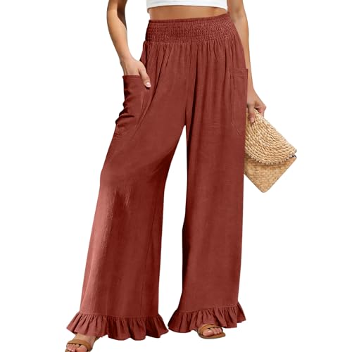 Image of Palazzo Pants for Women Linen Smocked Elastic Waist Ruffle Wide Leg Pants Summer Beach Flowy Boho Pant with Pockets