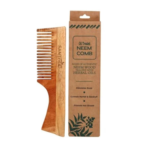 Image of Santosa Kacchi Neem Wooden Comb, Soaked in 14 Herbs & Neem, Coconut and Sesame Oils, for Hair Growth, Detangling, Frizz Control, Hair Shine, Hairfall and Dandruff, All Hair Types (Handle)